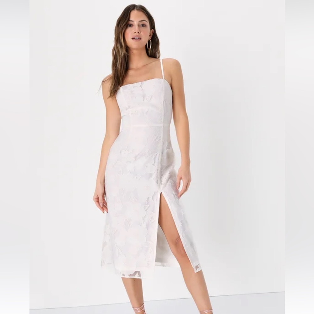 White Floral Jacquard Midi Dress -Lulus